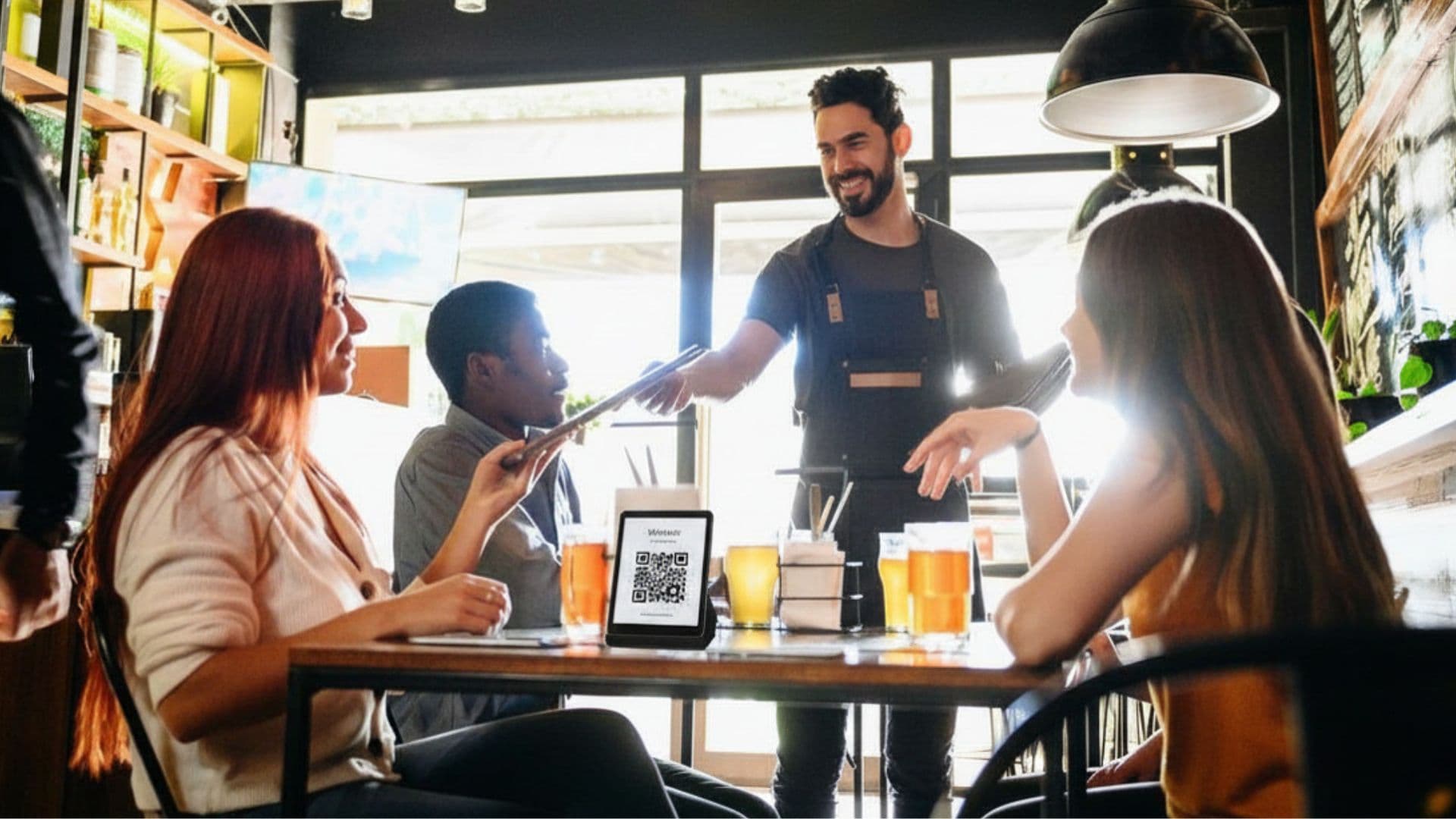 Happy returning restaurant customers being welcomed back by staff